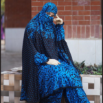 Premium Deep Blue Floral Khimar Set with Niqab