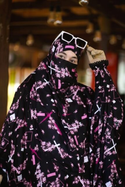 Premium Black & Pink Floral Palazzo Khimar Set with Niqab