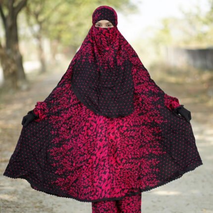 Premium Black & Red Floral Long Khimar Set with Niqab