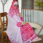 Premium Pink & White Leaf Print Palazzo Khimar Set with Niqab 