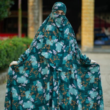 Premium Dark Teal Floral Palazzo Khimar Set with Niqab