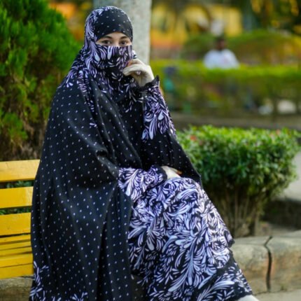 Premium Navy Blue Floral Palazzo Khimar Set with Niqab – Modest Fashion BD